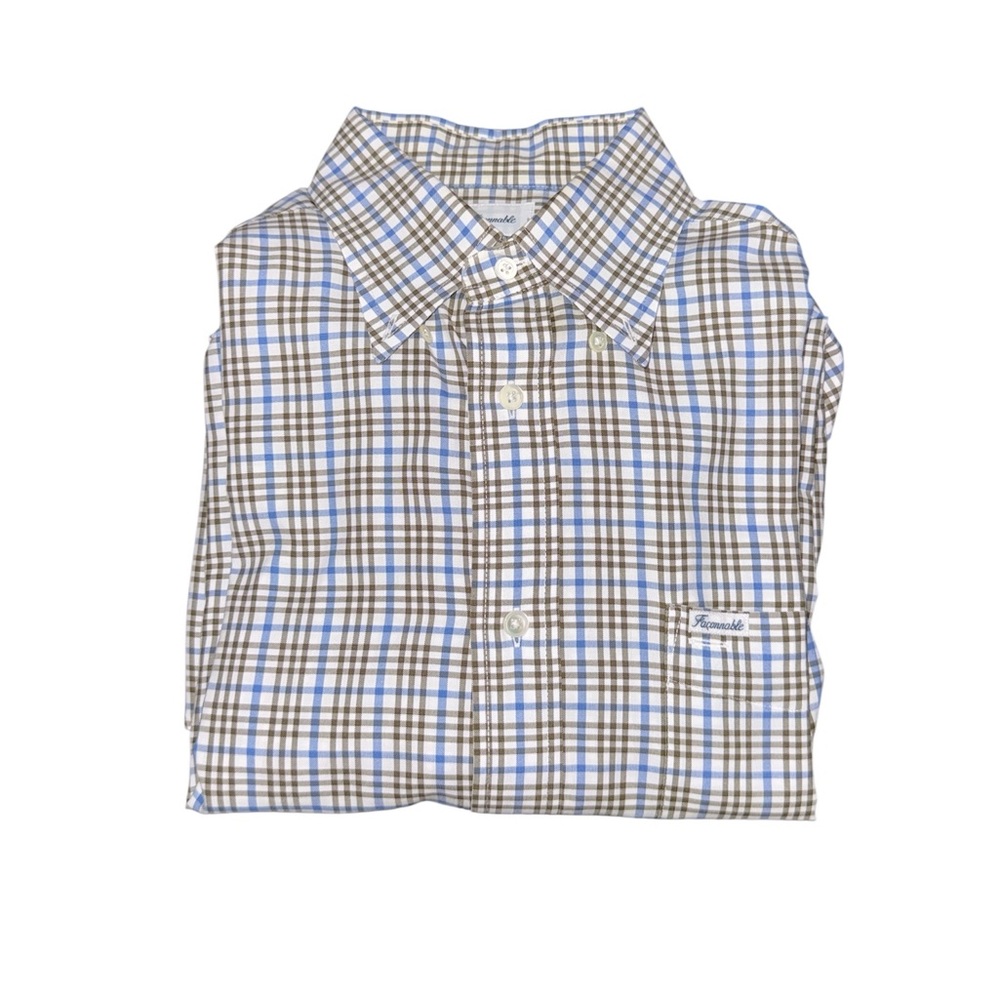 Faconnable Blue and Brown Plaid Men's Button-Down Shirt Size Medium